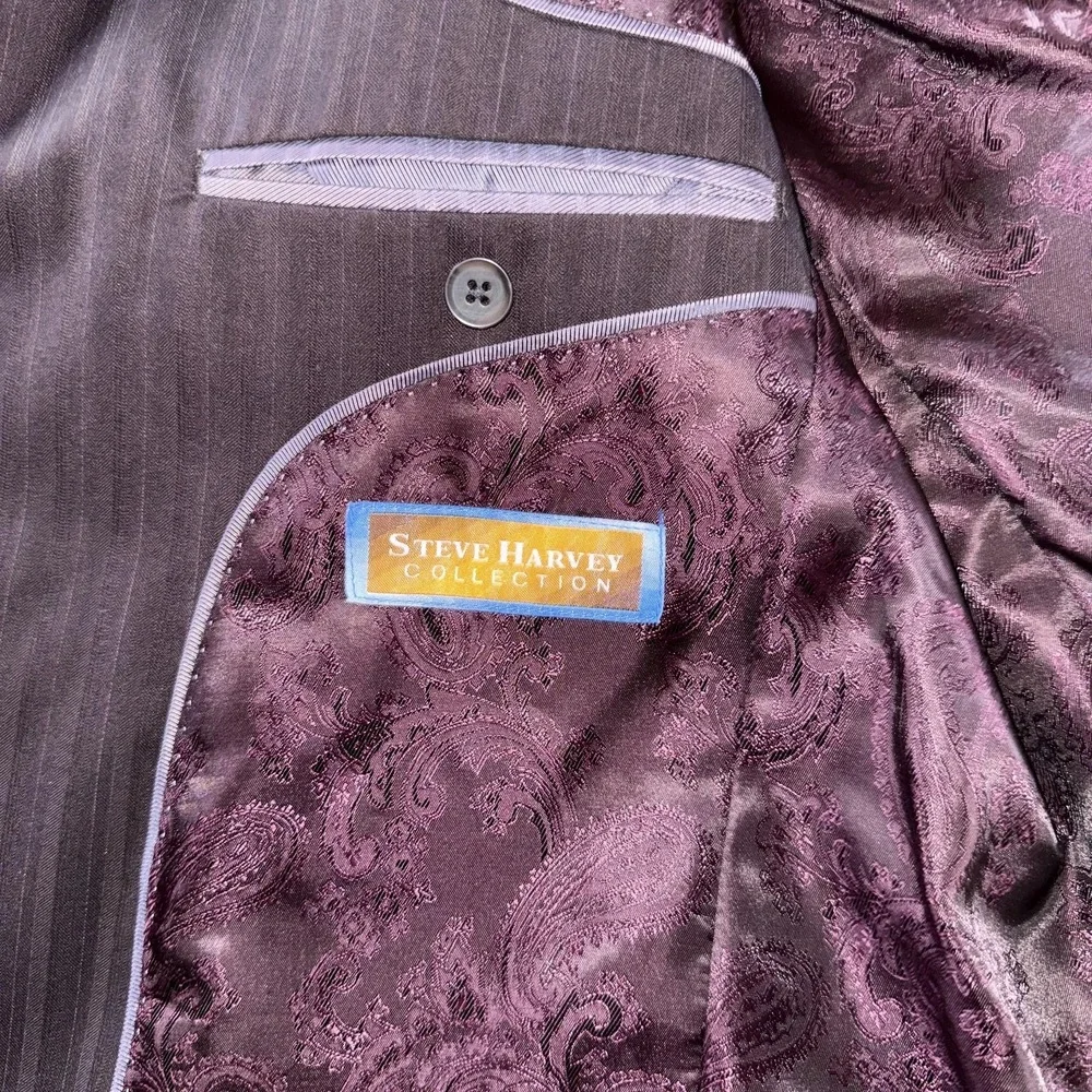 Steve Harvey Collection Suit Jacket Mens 40L Purple Pinstripe‎ 3 Button Long